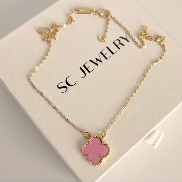 Pink Clover Necklace 14k Gold Color Chain - Picture 2 of 10
